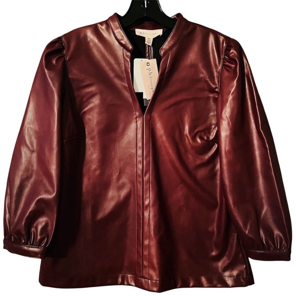 Philosophy Republic Clothing Blouse Womens M Burgundy Split Neck Puff